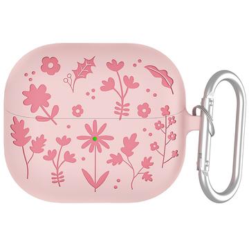 Samsung Galaxy Buds3/Buds3 Pro Blume Muster Flüssigsilikonhülle mit Karabiner - Hellrosa