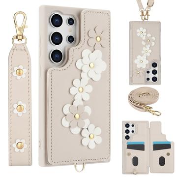 Samsung Galaxy S24 Ultra Hülle mit Blumendekor und Riemen - Beige
