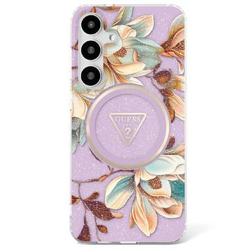 Samsung Galaxy S25 Guess Glitter Flowers Triangle Buttons MagSafe Hülle - lila