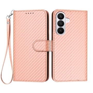Samsung Galaxy S26 Pro Premium Wallet Hülle mit Riemen - Kohlefaserstruktur - Carbon Pink