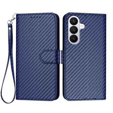 Samsung Galaxy S26 Pro Premium Wallet Hülle mit Riemen - Kohlefaserstruktur - Carbon blau