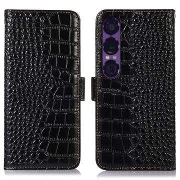 Sony Xperia 1 VII Crocodile Serie Lederhülle mit Geldbörse mit RFID - Schwarz