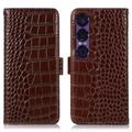 Sony Xperia 1 VII Crocodile Serie Lederhülle mit Geldbörse mit RFID - Braun