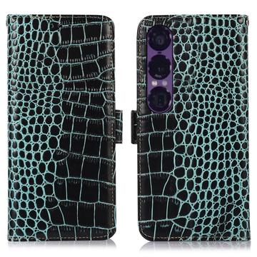 Sony Xperia 1 VII Crocodile Serie Lederhülle mit Geldbörse mit RFID - Grün