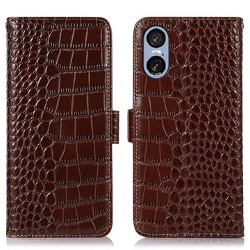 Sony Xperia 5 VI Crocodile Serie Lederhülle mit Geldbörse mit RFID - Braun