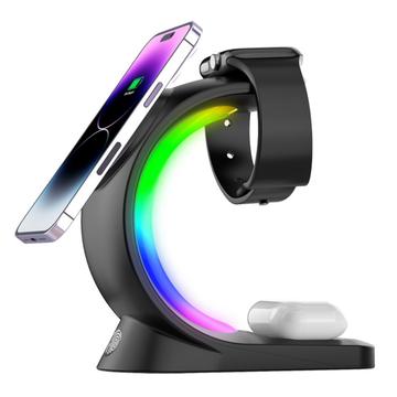 T17 3-in-1 RGB Light Magnetic Wireless Charger für iPhone 12 / 13 / 14 / 15 Serie Desktop Schnellladegerät Stand kompatibel mit MagSafe - Schwarz