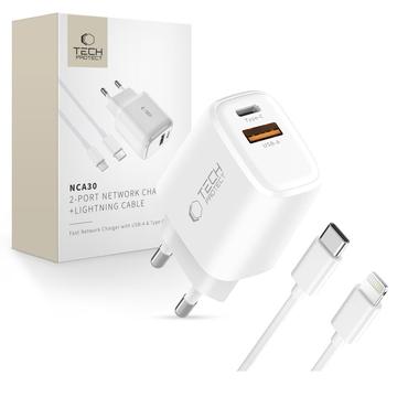 Tech-Protect NCA30 Dual-Port PD 30W/QC3.0 Ladegerät mit Lightning Kabel - Weiß