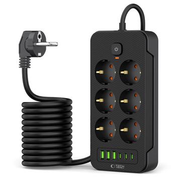 Tech-Protect PC6X6 Steckdose - 3 USB-A, 3 USB-C, 6 Steckdosen mit 200cm Kabel (Offene Verpackung - Zufriedenstellend) - Schwarz