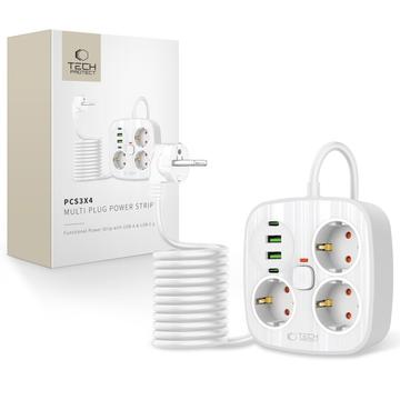 Tech-Protect PCS3X4 Steckdosenleiste - 3 AC Steckdosen, 2 USB-A & 2 USB-C Anschlüsse, 2m Kabel - Weiß