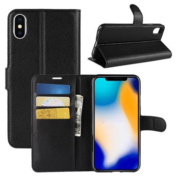 iPhone XS Max Strukturierte Wallet Hülle mit Stand - Schwarz