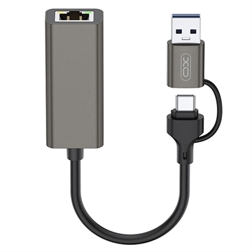 XO HUB018 2-in-1 USB-C / USB-A zu Ethernet Adapter - RJ45, 100Mbps - Grau