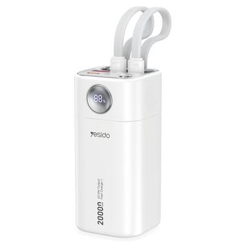 Yesido YP86 20000mAh Power Bank mit integriertem USB-C und Lightning Kabel - 22.5W - Weiß