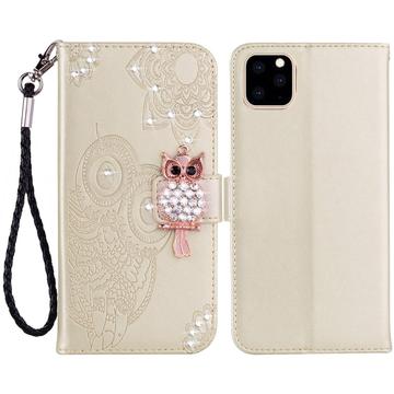 iPhone 14 Eule Strass Wallet Hülle - Gold