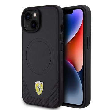 iPhone 15 Plus Ferrari Carbon Metall Logo Mag Hülle - Schwarz