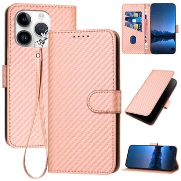 iPhone 15 Pro Max Premium Wallet Hülle mit Riemen - Kohlefaserstruktur - Carbon Pink