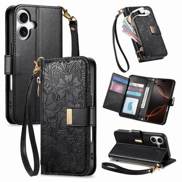 iPhone 16 Wallet Hülle mit Blumen und Blattmuster mit Reißverschlusstasche & Handgelenkband