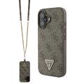 iPhone 16 Guess 4G Strass Triangle Metal Logo Hülle mit Crossbody Riemen - Braun
