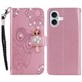 iPhone 16 Eule Strass Wallet Hülle - Roségold