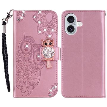 iPhone 16 Eule Strass Wallet Hülle - Roségold