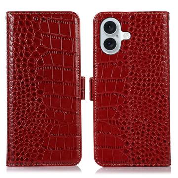 iPhone 16 Plus Crocodile Serie Lederhülle mit Geldbörse mit RFID - Rot