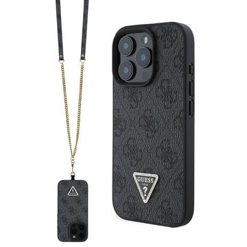 iPhone 16 Pro Guess 4G Strass Triangle Metal Logo Hülle mit Crossbody Riemen