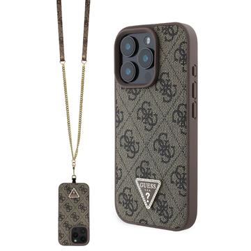 iPhone 16 Pro Guess 4G Strass Triangle Metal Logo Hülle mit Crossbody Riemen - Braun