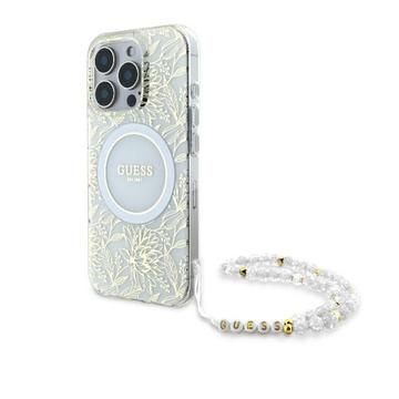 iPhone 16 Pro Guess IML Blumen Allover Electro Hülle mit Perle Riemen - MagSafe kompatibel - Weiß