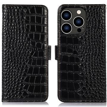 iPhone 16 Pro Max Crocodile Serie Lederhülle mit Geldbörse mit RFID - Schwarz