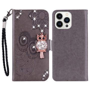 iPhone 16 Pro Max Eule Strass Wallet Hülle - grau