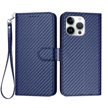 iPhone 16 Pro Max Premium Wallet Hülle mit Riemen - Kohlefaserstruktur - Carbon blau