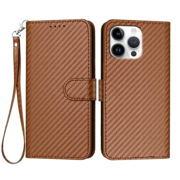 iPhone 16 Pro Max Premium Wallet Hülle mit Riemen - Kohlefaserstruktur - Carbon Kaffee