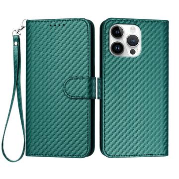 iPhone 16 Pro Max Premium Wallet Hülle mit Riemen - Kohlefaserstruktur - Carbon Grün