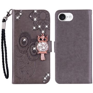 iPhone 16e Eule Strass Wallet Hülle - grau