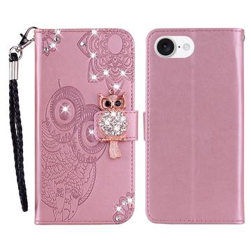 iPhone 16e Eule Strass Wallet Hülle - Roségold