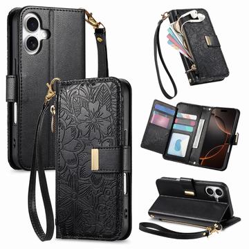 iPhone 17 Wallet Hülle mit Blumen und Blattmuster mit Reißverschlusstasche & Handgelenkband