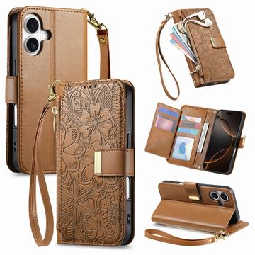 iPhone 17 Wallet Hülle mit Blumen und Blattmuster mit Reißverschlusstasche & Handgelenkband - Braun