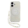 iPhone 17 Guess IML Blumen Allover Electro Hülle mit Perle Riemen - MagSafe kompatibel - Weiß