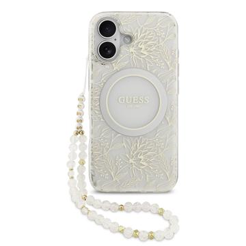 iPhone 17 Guess IML Blumen Allover Electro Hülle mit Perle Riemen - MagSafe kompatibel - Weiß