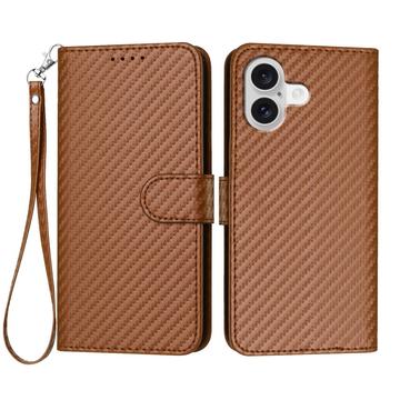 iPhone 17 Premium Wallet Hülle mit Riemen - Kohlefaserstruktur - Carbon Kaffee