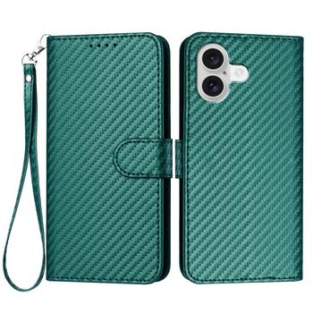 iPhone 17 Premium Wallet Hülle mit Riemen - Kohlefaserstruktur - Carbon Grün