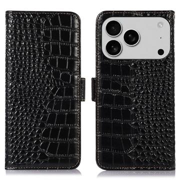 iPhone 17 Pro Crocodile Serie Lederhülle mit Geldbörse mit RFID - Schwarz