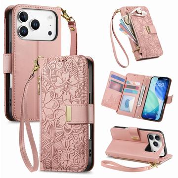 iPhone 17 Pro Wallet Hülle mit Blumen und Blattmuster mit Reißverschlusstasche & Handgelenkband - Rosa