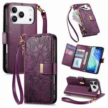 iPhone 17 Pro Wallet Hülle mit Blumen und Blattmuster mit Reißverschlusstasche & Handgelenkband - Lila