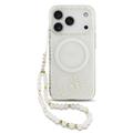 iPhone 17 Pro Guess IML Blumen Allover Electro Hülle mit Perle Riemen - MagSafe kompatibel - Weiß