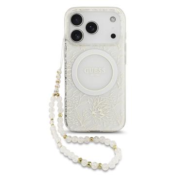 iPhone 17 Pro Guess IML Blumen Allover Electro Hülle mit Perle Riemen - MagSafe kompatibel - Weiß