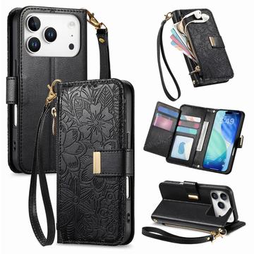 iPhone 17 Pro Max Wallet Hülle mit Blumen und Blattmuster mit Reißverschlusstasche & Handgelenkband - Schwarz