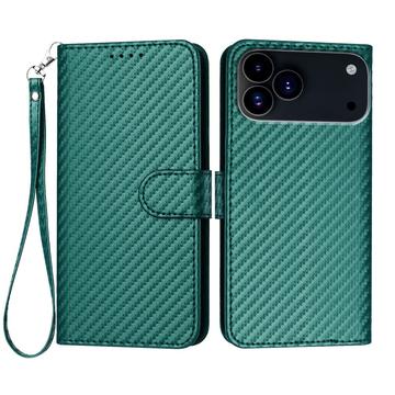 iPhone 17 Pro Max Premium Wallet Hülle mit Riemen - Kohlefaserstruktur - Carbon Grün