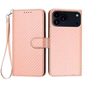iPhone 17 Pro Max Premium Wallet Hülle mit Riemen - Kohlefaserstruktur - Carbon Pink
