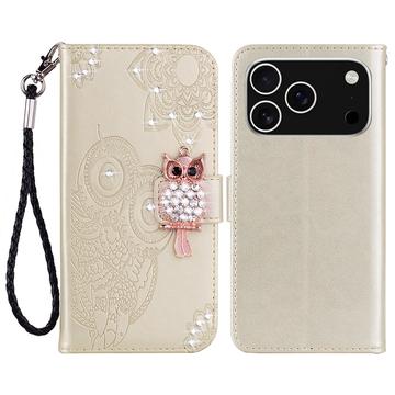 iPhone 17 Pro Eule Strass Wallet Hülle - Gold