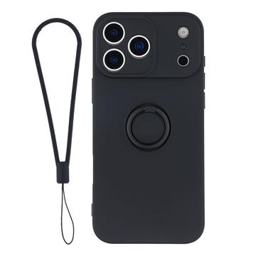 iPhone 18 Pro Flüssigsilikonhülle mit Ringhalter und Handschlaufe - Schwarz